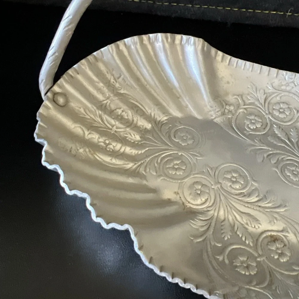 Vintage Aluminum Candy Dish/Basket with Handle and Floral Motif‎